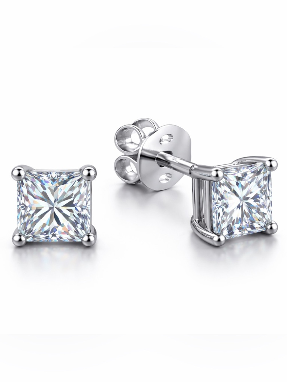 Sterling Silver 925 Clear Cubic Zirconia Princess Cut Stud Earrings - Silver 4mm